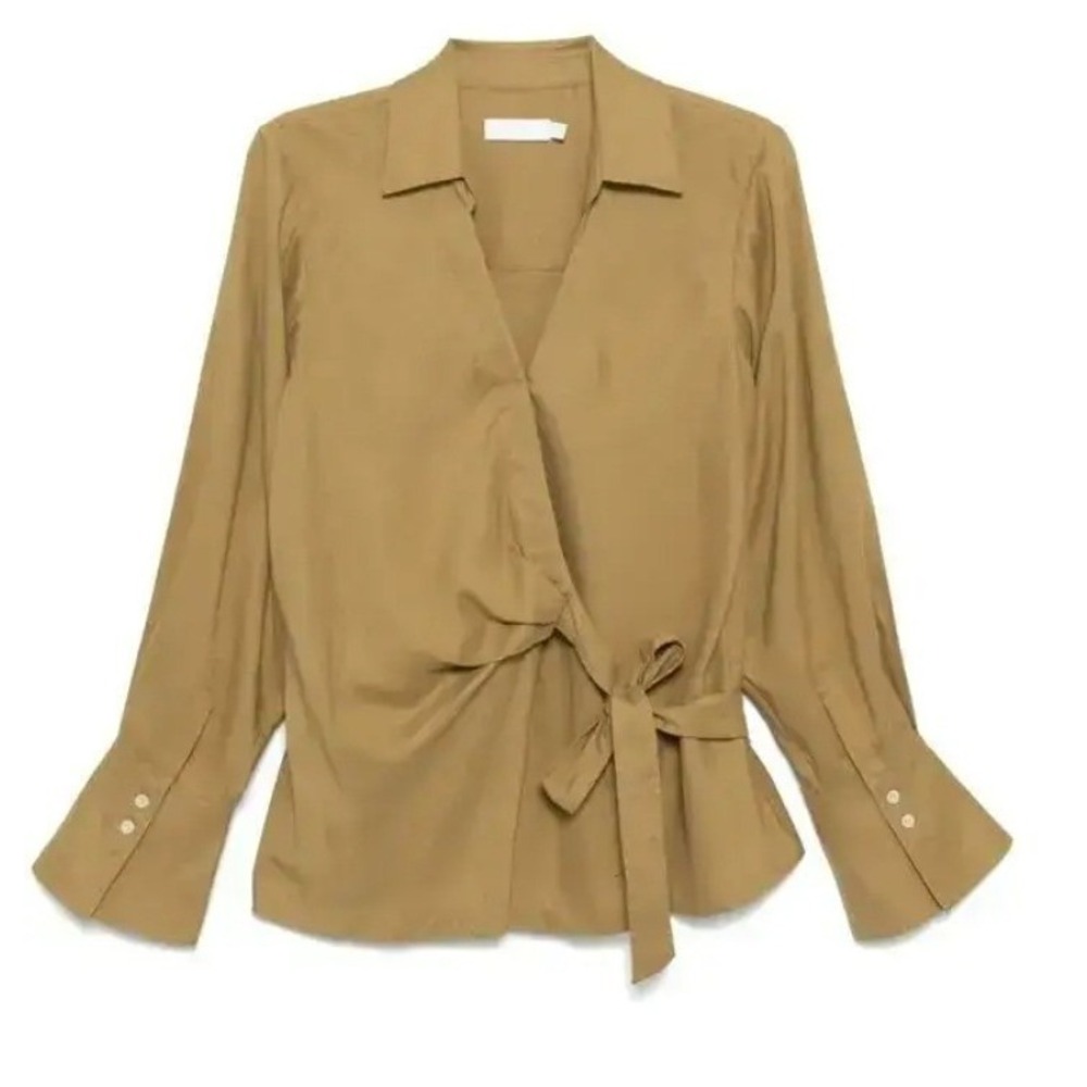 Jonathan Simkhai Beige Tencel Linen Front Tie Long Sleeve Blouse Top SM